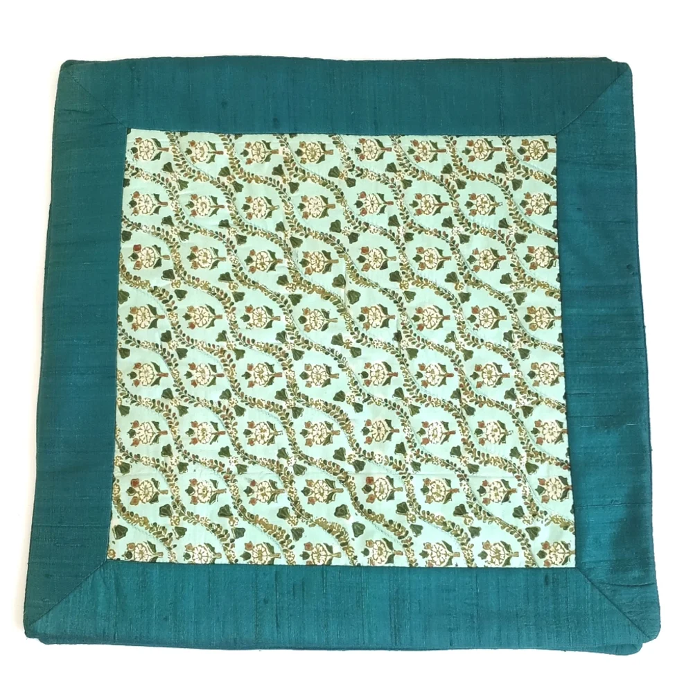 Set of 2 Silk Vintage Teal Trimmed Cream Floral Quilted 15”x 15” Pillow Shams